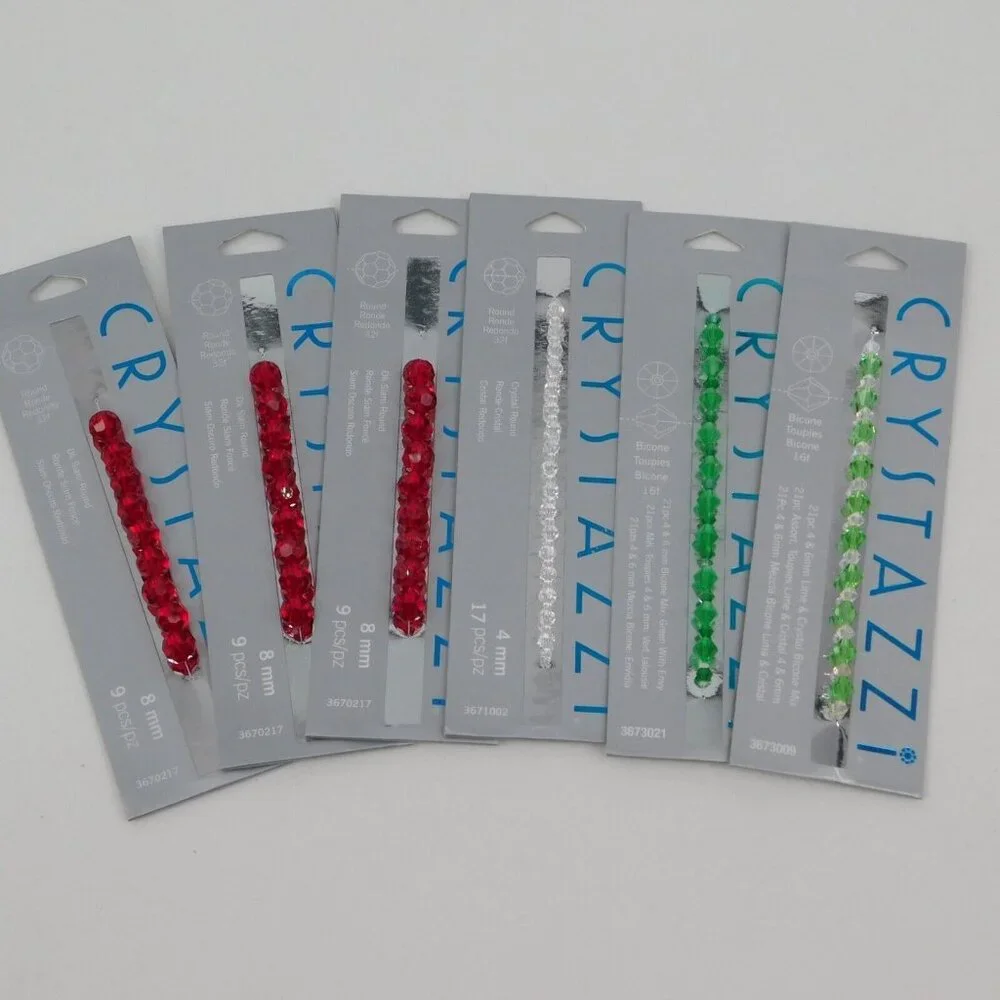 Crystazzi Beads Lot of 6 Mixed Colors Sizes Red White Green Round Bicone 4mm-8mm
